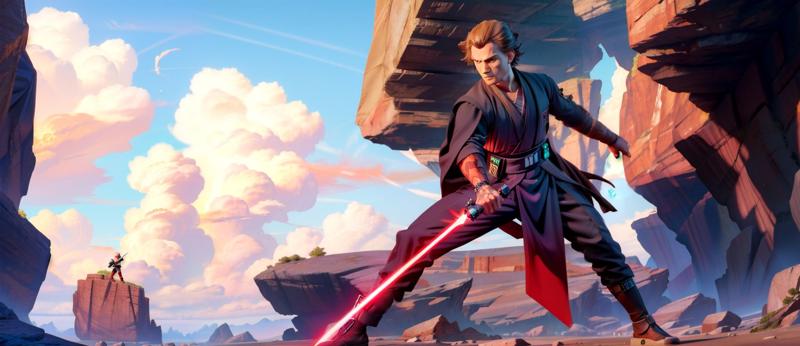 202305192055251670469592-3881984985-wide shot of a jedi in fighting stance on tattoine at dawn holding a blue lightsaber, holding lightsaber, _lyco_light_saber_v2_0.jpg